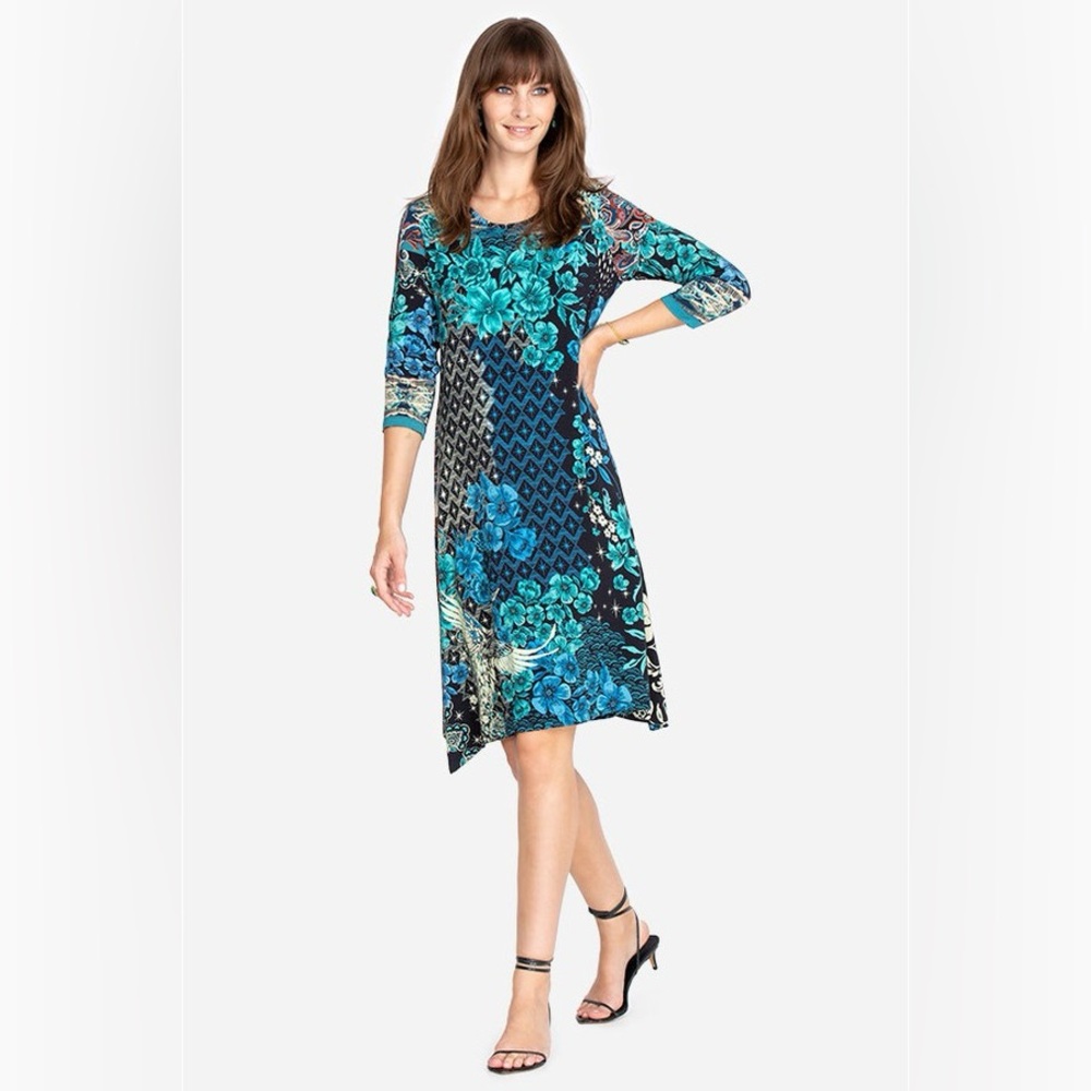 Johnny Was Lunamo Crane 3/4 Sleeve Swing Dress Blue